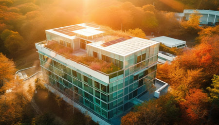 Modern skyscraper reflects futuristic design in autumn cityscape with nature generated by artificial intelligenceの素材