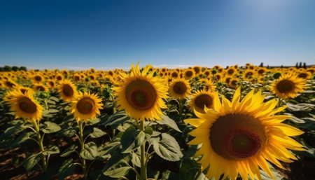 A vibrant sunflower blossom in a rural meadow landscape generated by artificial intelligenceの素材