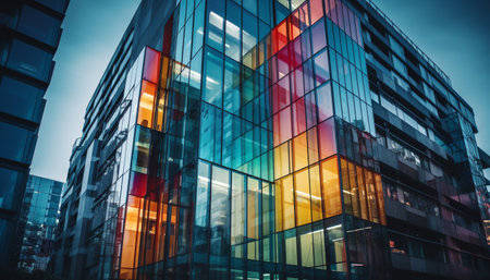 Modern skyscraper reflects futuristic city life in vibrant blue twilight generated by artificial intelligenceの素材
