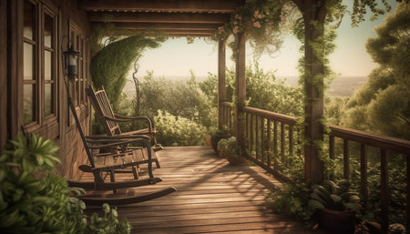 Rustic wooden bench in tranquil forest, perfect for relaxation outdoors generated by artificial intelligenceの素材