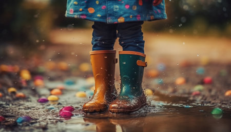 Child yellow raincoat splashing in wet autumn leaves, playful fun generated by artificial intelligenceの素材