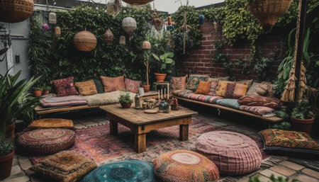 Modern home interior design with comfortable sofa, elegant rug, and green plants generated by artificial intelligenceの素材