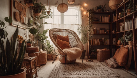 Cozy loft apartment with modern design, elegant decor, and nature inspired accents generated by artificial intelligenceの素材
