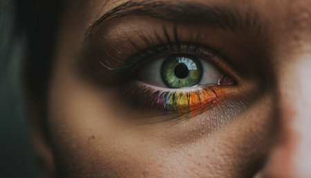 Beauty in focus A close up of a woman green eyes generated by artificial intelligenceの素材