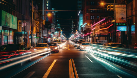 Neon city skyline glows with vibrant motion and crowded traffic generated by artificial intelligenceの素材