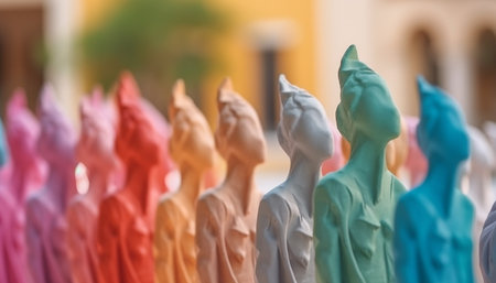 A colorful collection of plastic toys in a row, variation generated by artificial intelligenceの素材
