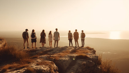 A group of carefree friends hiking, enjoying nature beauty generated by artificial intelligenceの素材