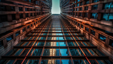 Modern skyscraper illuminates city skyline with futuristic steel and glass generated by artificial intelligenceの素材