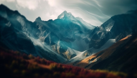 High up on the mountain peak, a tranquil scene unfolds generated by artificial intelligenceの素材