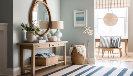 Elegant modern apartment with clean design and comfortable striped sofa generated by artificial intelligenceの素材