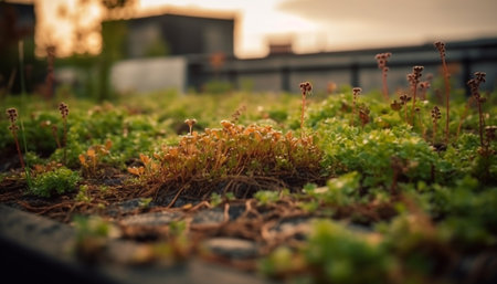 Fresh green leaves grow in the meadow, a nature beauty generated by artificial intelligenceの素材