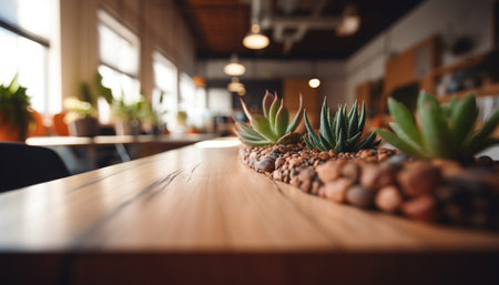 A modern indoor plant design on a wooden table generated by artificial intelligenceの素材