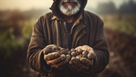 Senior farmer holding organic growth, working outdoors in autumn forest generated by artificial intelligenceの素材