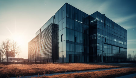 Futuristic skyscraper reflects modern city life at dusk, illuminated by sunlight generated by artificial intelligenceの素材