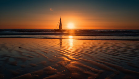 Sailboat glides on tranquil seas, backlit by golden sunset generated by artificial intelligenceの素材