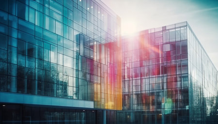 The modern skyscraper glass facade reflects the vibrant city life generated by artificial intelligenceの素材