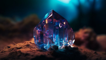 A glowing gemstone collection, reflecting vibrant colors in the dark generated by artificial intelligenceの素材