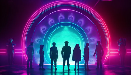 A large group of people walking in silhouette at dusk generated by artificial intelligenceの素材