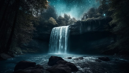 Majestic mountain range meets tranquil flowing water in summer adventure generated by artificial intelligenceの素材