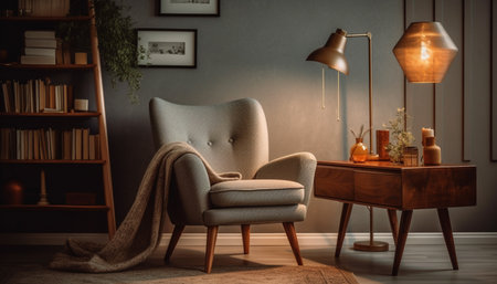 A luxurious, modern living room with antique bookshelf and comfortable sofa generated by artificial intelligenceの素材