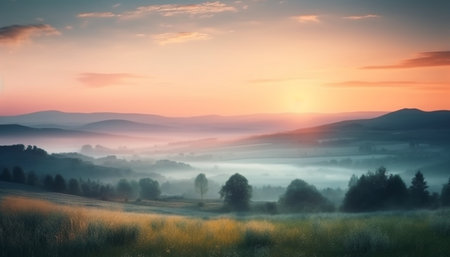 Silhouette of pine tree on mountain peak at twilight generated by artificial intelligenceの素材