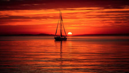 A tranquil sunset sailboat reflects the beauty of nature landscape generated by artificial intelligenceの素材