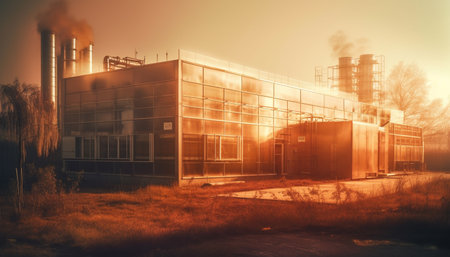 Industrial factory emits pollution from chimney at dusk, damaging environment generated by artificial intelligenceの素材