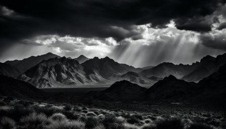 Panoramic mountain range at dusk, majestic beauty in nature generated by artificial intelligenceの素材