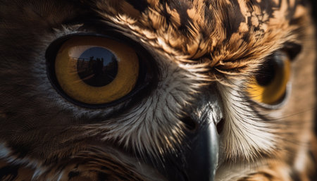 Great horned owl staring with piercing blue eyes in close up generated by artificial intelligenceの素材