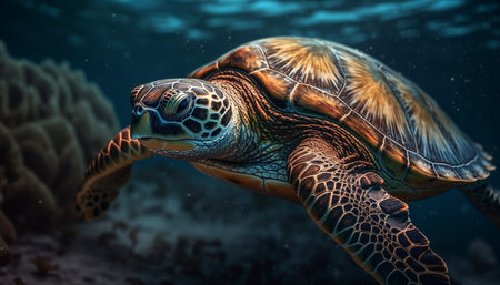 A slow, large sea turtle swimming in multi colored coral reef generated by artificial intelligenceの素材