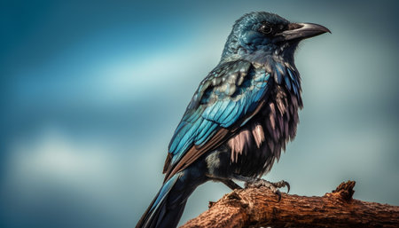 Endangered starling perching on branch, iridescent feathers shining purple generated by artificial intelligenceの素材