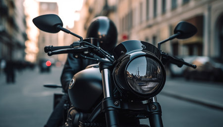 Riding a shiny motorcycle through city traffic at dusk adventure generated by artificial intelligenceの素材