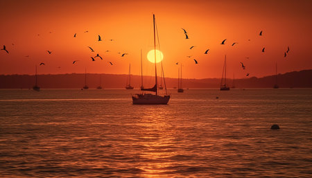 Sailing ship silhouette back lit by orange sunset over water generated by artificial intelligenceの素材