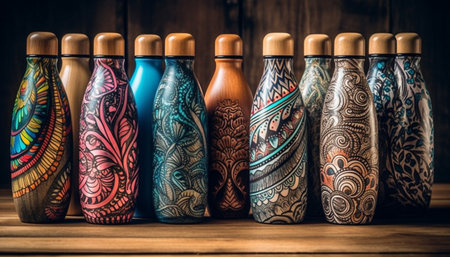 Multi colored pottery collection in ornate wooden arrangement, a cultural souvenir generated by artificial intelligenceの素材