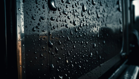 Looking through window, raindrops on glass create abstract pattern generated by artificial intelligenceの素材