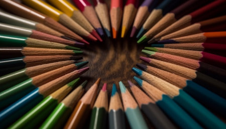 A vibrant collection of colorful pencils in a rainbow spectrum generated by artificial intelligenceの素材