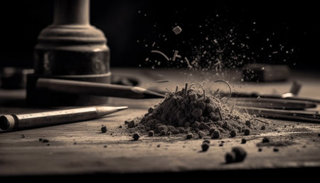 Craftsman workshop: old wood table, dirty tools, burning flame generated by artificial intelligenceの素材