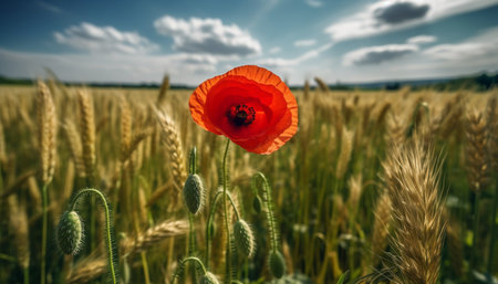 Golden wheat fields meet vibrant sunset on rural horizon generated by artificial intelligenceの素材