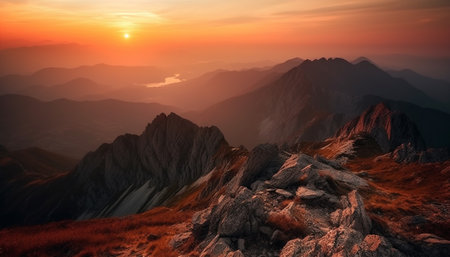 Majestic mountain peak at sunset, a tranquil scene for hiking adventures generated by artificial intelligenceの素材
