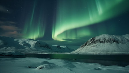 Majestic mountain range illuminated by aurora polaris in arctic night generated by artificial intelligenceの素材
