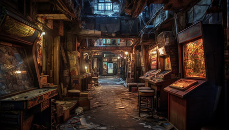 The old bar illuminated window glowed in the dark night generated by artificial intelligenceの素材
