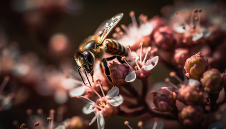 A bee in motion pollinates a yellow flower blossom generated by artificial intelligenceの素材