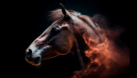 Majestic thoroughbred horse gallops through dark meadow, glowing with beauty generated by artificial intelligenceの素材