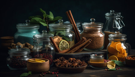 Rustic bowl of fresh fruit and spice, a gourmet delight generated by artificial intelligenceの素材