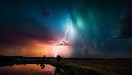 The vibrant sunset sky illuminates the mountain silhouette at dusk generated by artificial intelligenceの素材