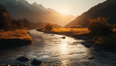 Majestic mountain peak reflects tranquil autumn landscape in flowing water generated by artificial intelligenceの素材