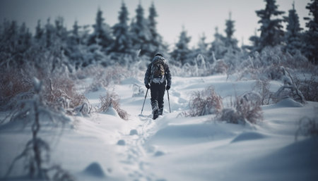 One person hiking in winter forest, enjoying solitude and nature generated by artificial intelligenceの素材