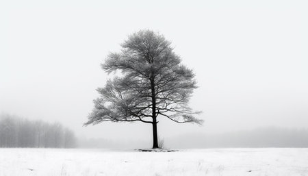 A tranquil winter landscape: snow covered trees in a forest generated by artificial intelligenceの素材