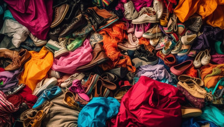 Large collection of multi colored shoes in messy boutique store generated by artificial intelligenceの素材