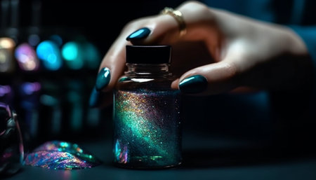 Women manicured fingers hold bottle of blue nail polish, elegance personified generated by artificial intelligenceの素材